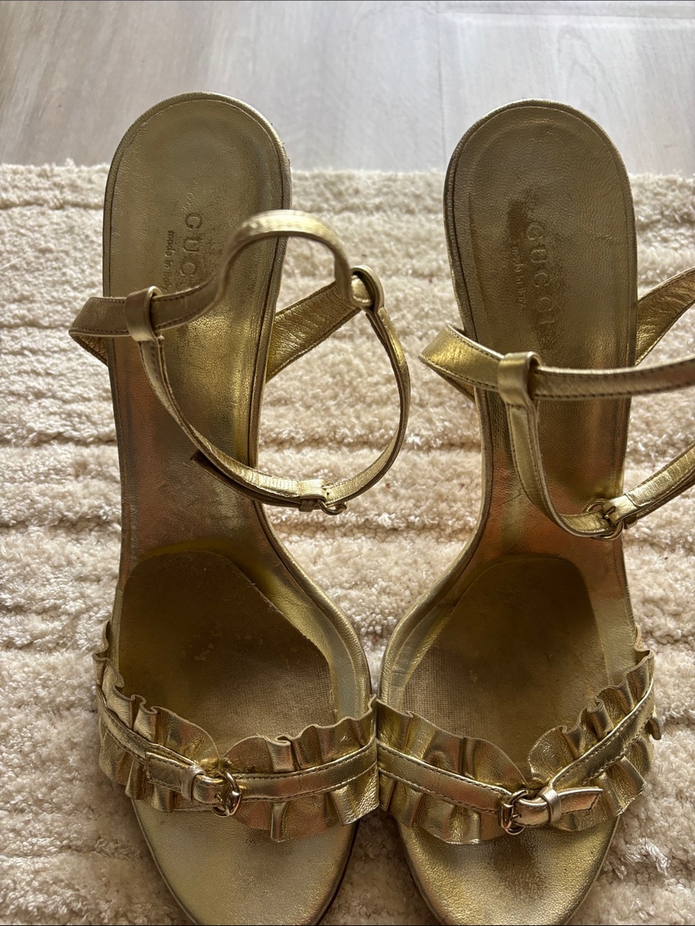 Gucci Gold Ruffle Ankle-Strap Heels